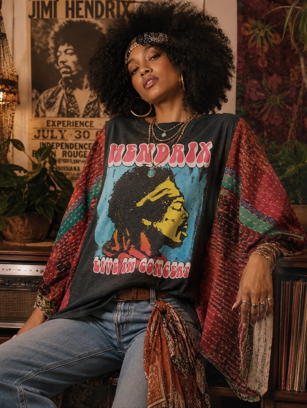 Upcycled Jimi Hendrix Band Tee With Kantha Sleeves, OS